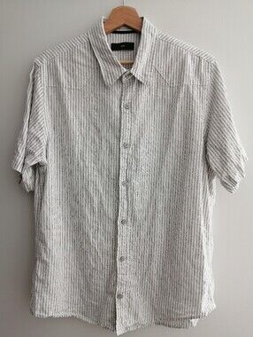Z Zegna Linen Stripe Short Sleeve Button Up White and Gray Large